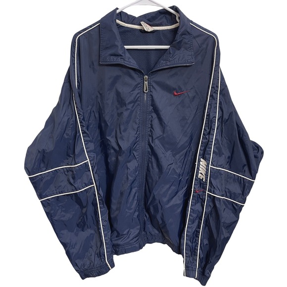 Nike Other - Vintage 90s Nike Windbreaker Track Jacket Navy‎ White Sleeve Spellout Swoosh XL